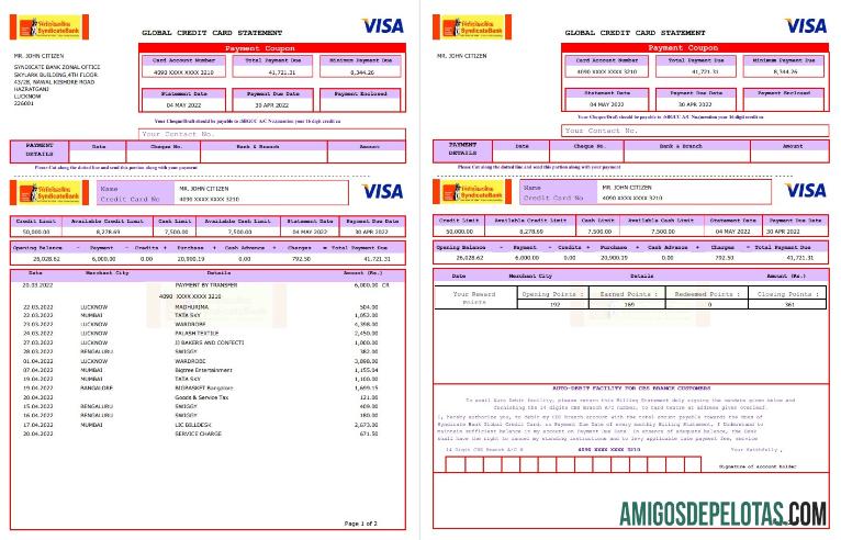 USA Syndicate Bank Credit Card Statement 3 Pages amostra